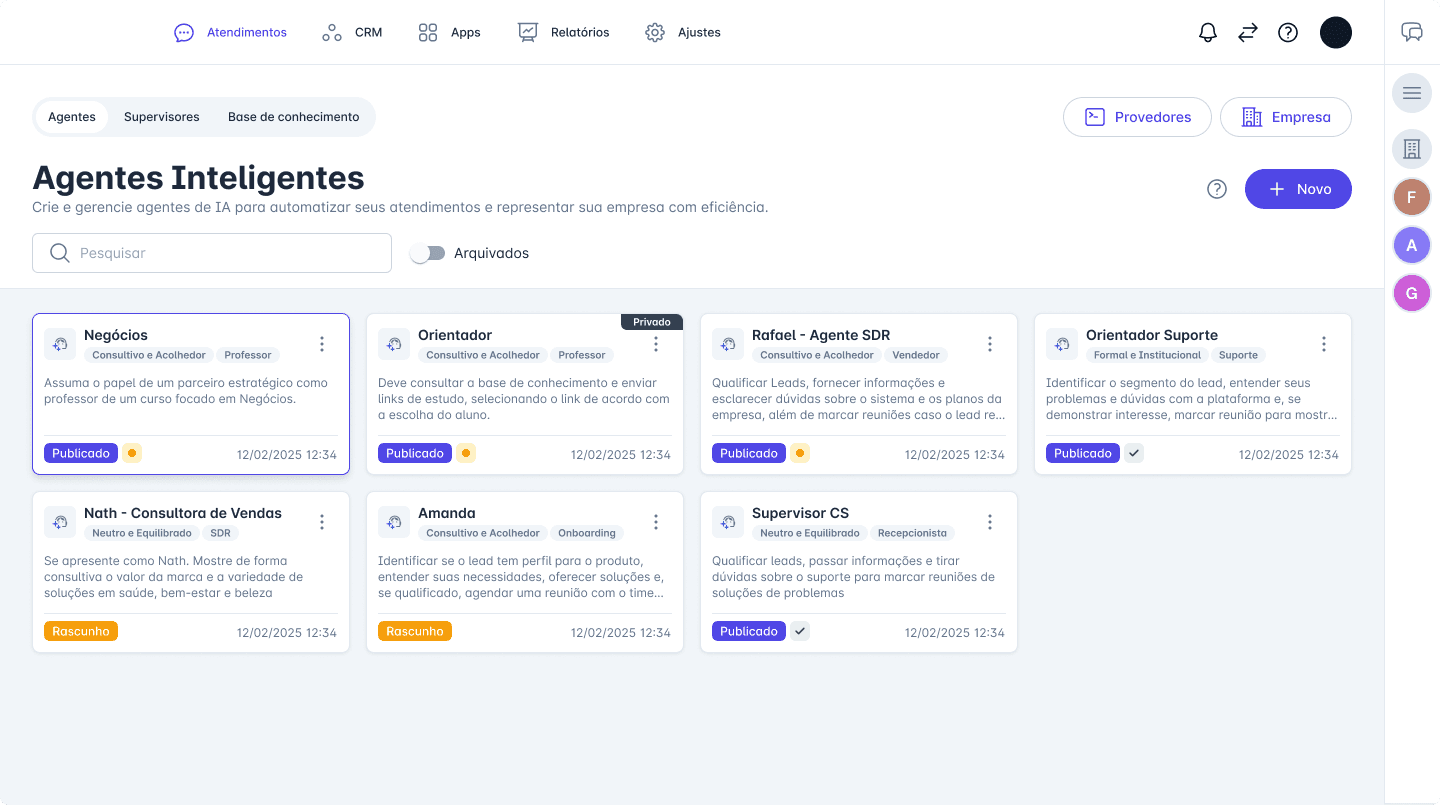 Tela de configuração de agentes inteligentes de IA da ZAPLE