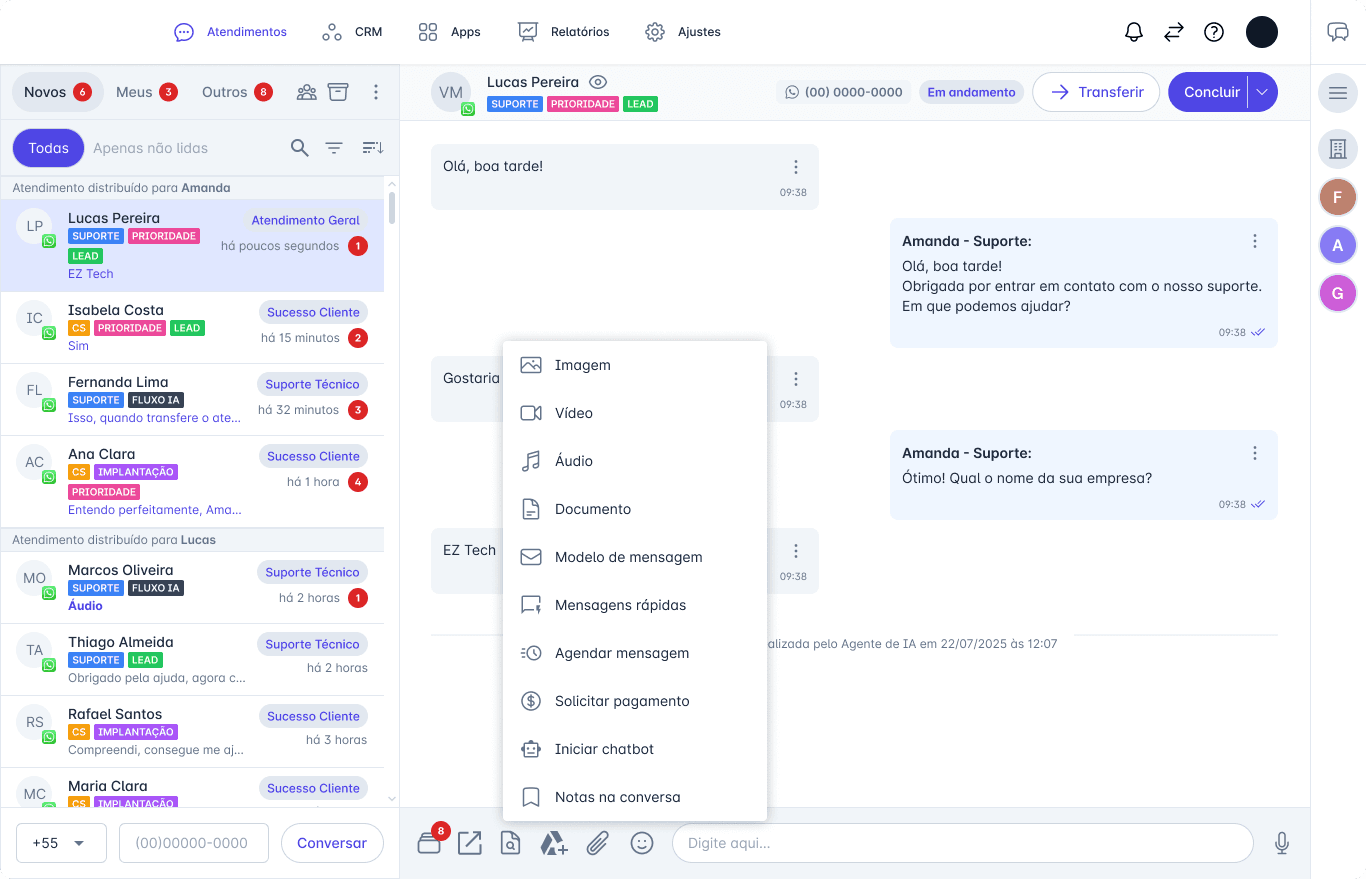 Tela de atendimento da ZAPLE com fila de conversas e chat