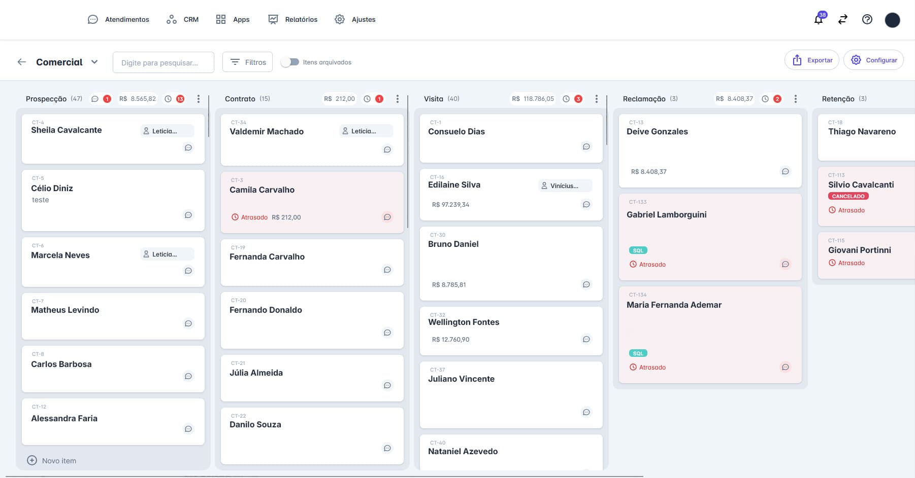 Funil de vendas Kanban da ZAPLE com etapas e oportunidades
